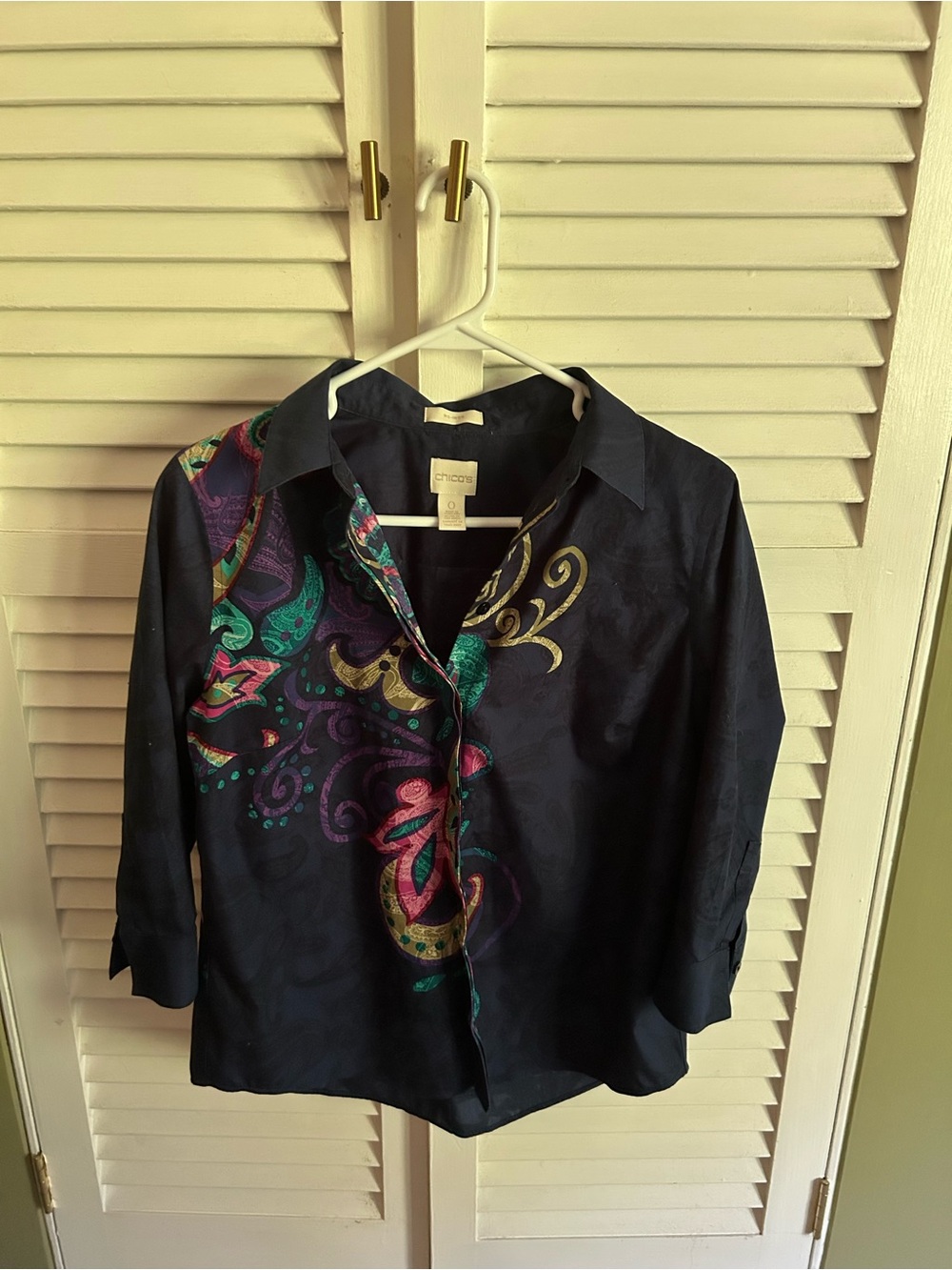 Chico's Navy Button-Back Shirt with Pink & Teal Embroidery